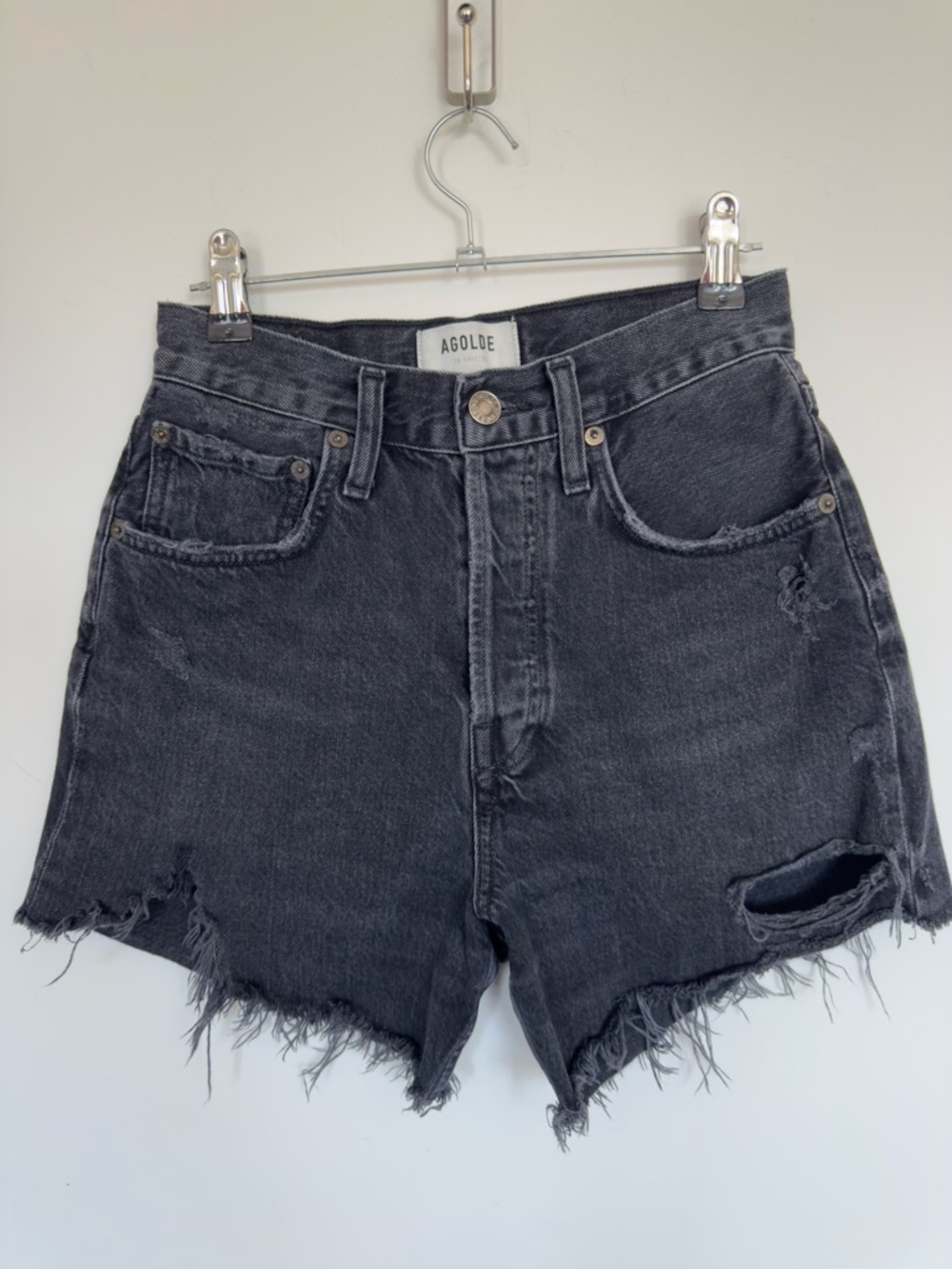 AGOLDE Black Washed Distressed High-Rise Denim Shorts